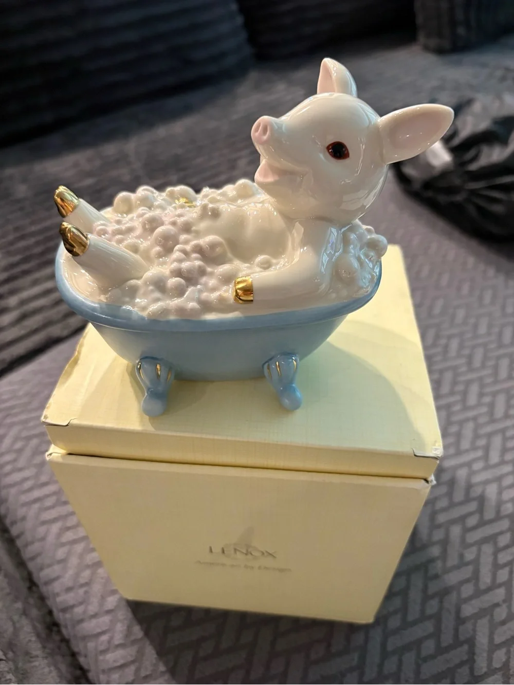 Lenox White Pig in Light Blue Tub with Gold Accents Figurine